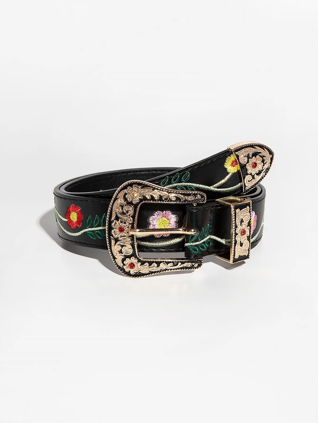 Women's Vintage Western Floral PU Leather Belt - Embossed & Embroidered
