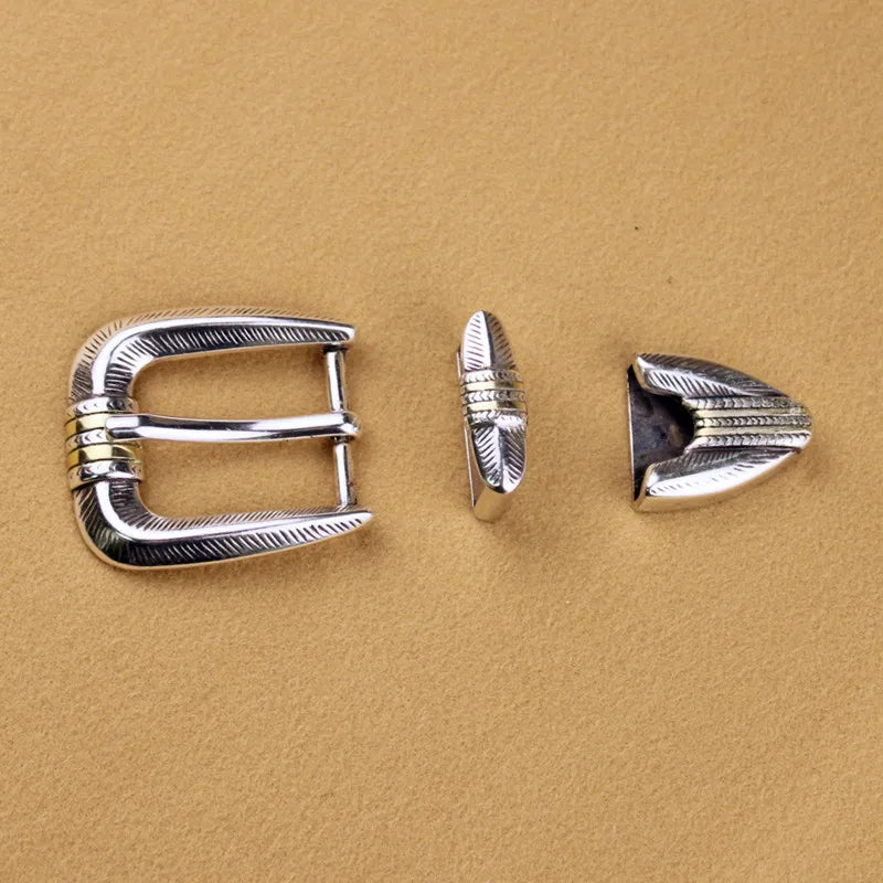 Western Cowboy Engraved 25mm Belt Buckle Set - Antique Silver 3-Piece