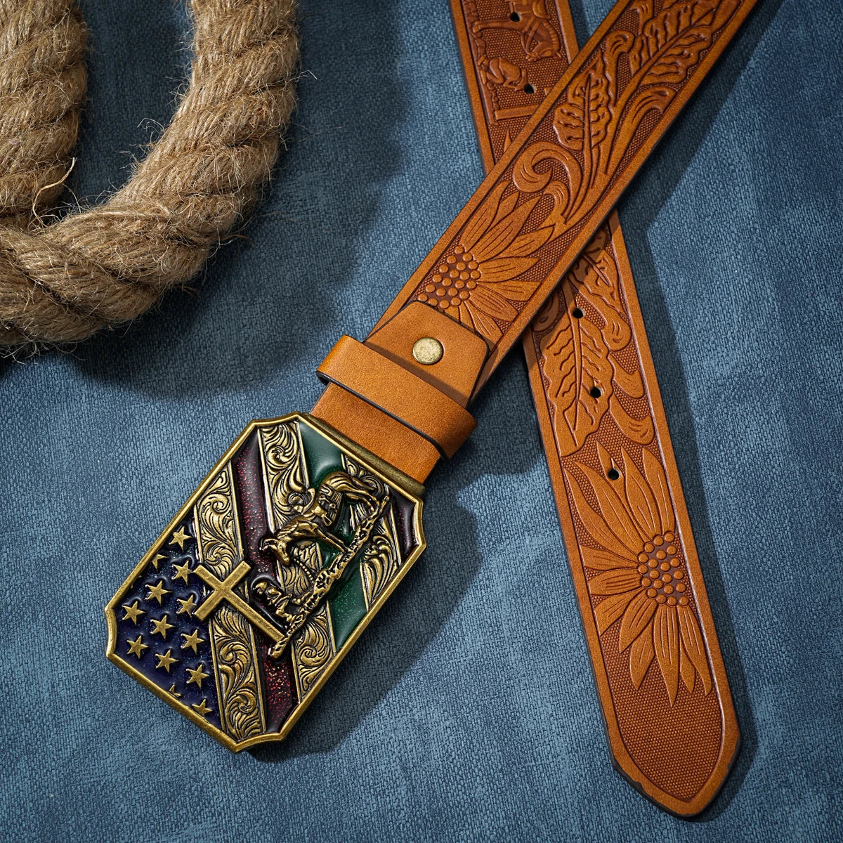 Western Cowboy PU Leather Belt with Horse & Floral Buckle for Men Women Jeans