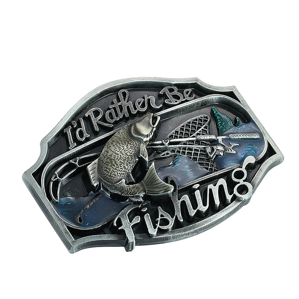 Western Cowboy "I'd Rather Be Fishing" Enamel Belt Buckle for Men