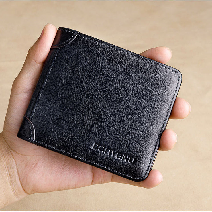 Men’s Short Leather Trifold Wallet, Large Capacity Top Layer Cowhide Horizontal Wallet