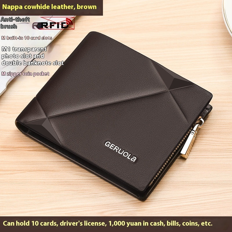 Men’s Short Leather Trifold Wallet with Zipper | Genuine Cowhide Anti-Theft Design