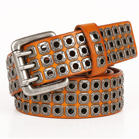 Men’s Hollow Rivet Leather Belt – Cowhide Pin Buckle