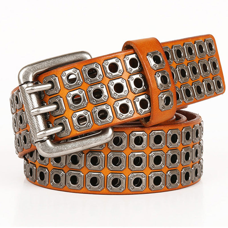 Men’s Hollow Rivet Leather Belt – Cowhide Pin Buckle