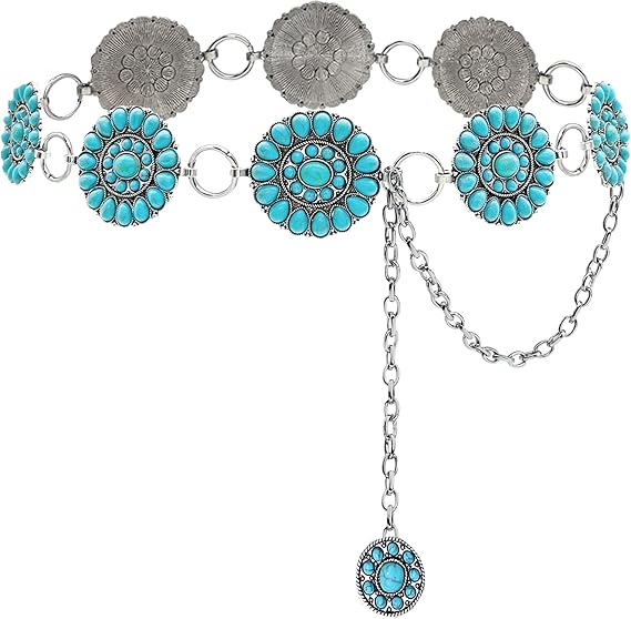 Women's Turquoise Concho Silver Chain Belt
