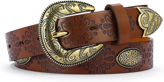 Women's Retro Floral Western Belt – Gold Alloy Buckle