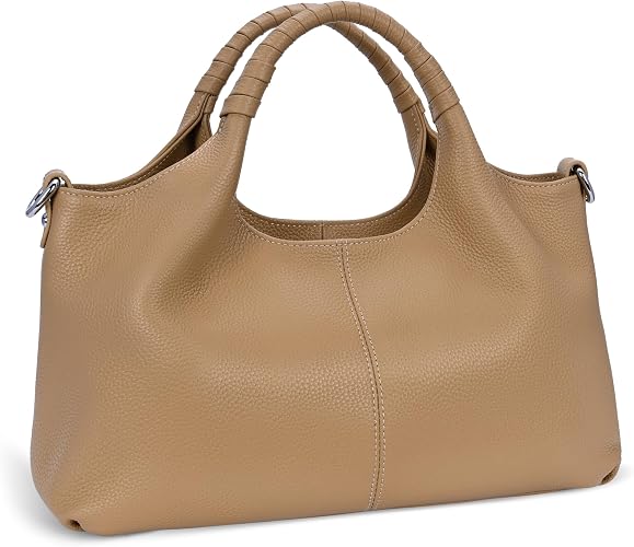 Women's Beige Genuine Cowhide Leather Satchel Handbag with Crossbody Strap