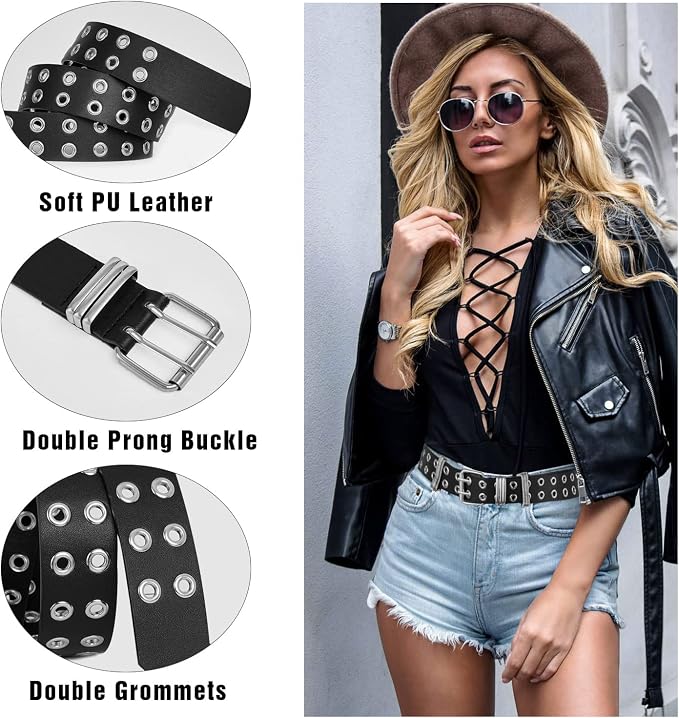 Unisex Grommet Punk Belt with Detachable Chain