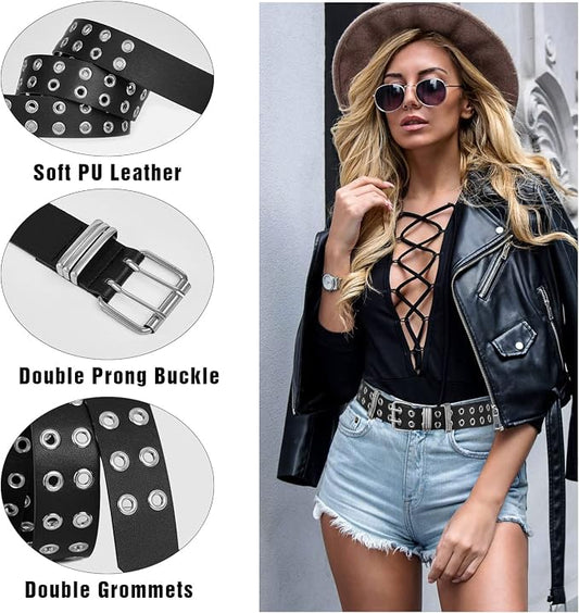 Unisex Grommet Punk Belt with Detachable Chain
