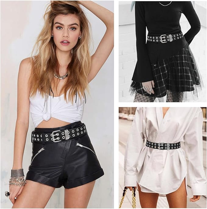 Unisex Grommet Punk Belt with Detachable Chain