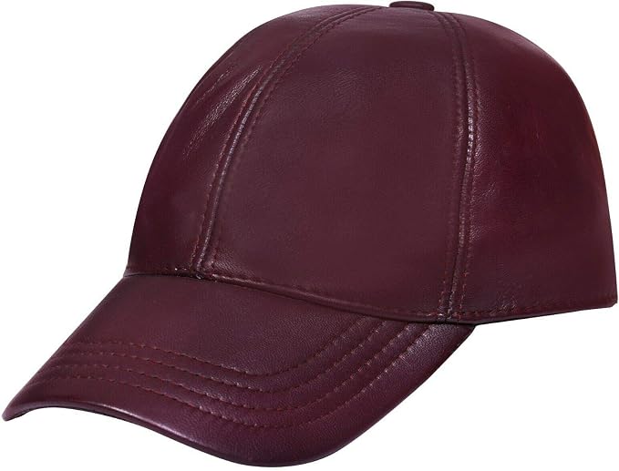 Burgundy Genuine Nappa Leather Baseball Cap with Adjustable Strap and Curved Visor