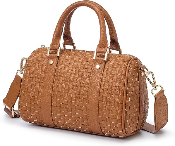Women's Black Checkered Woven Vegan Leather Mini Satchel Crossbody Bag