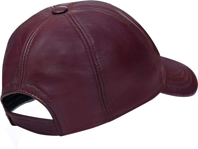 Burgundy Genuine Nappa Leather Baseball Cap with Adjustable Strap and Curved Visor