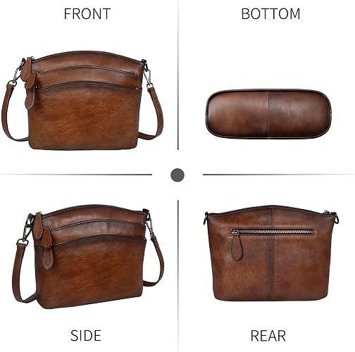 Women's Coffee Vegetable-Tanned Leather Crossbody Satchel with 3 Top Zippers