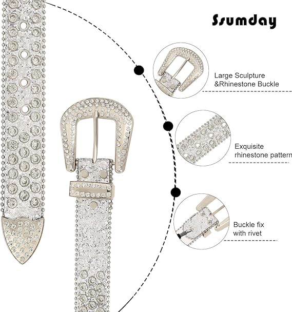 Unisex Rhinestone Studded Leather Belt – Silver Buckle