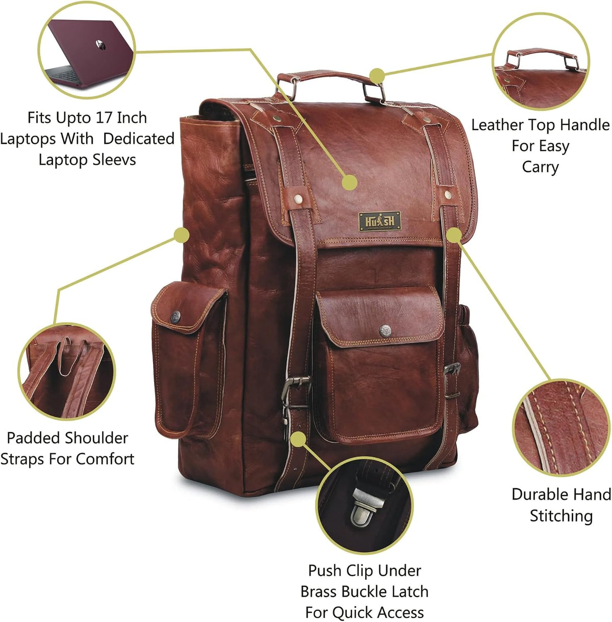 Brown Genuine Leather Vintage Laptop Backpack Rucksack for Men and Women, 16 Inch