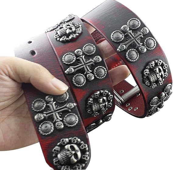 Men's Goth Skull Cross Genuine Leather Belt – Red