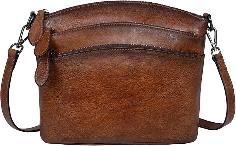 Women's Coffee Vegetable-Tanned Leather Crossbody Satchel with 3 Top Zippers