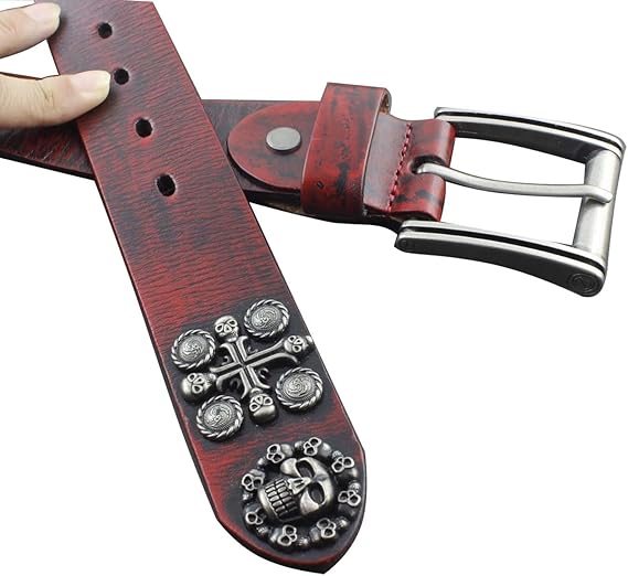 Men's Goth Skull Cross Genuine Leather Belt – Red