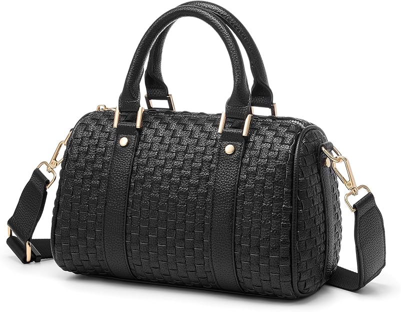 Women's Black Checkered Woven Vegan Leather Mini Satchel Crossbody Bag
