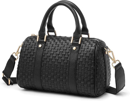 Women's Black Checkered Woven Vegan Leather Mini Satchel Crossbody Bag