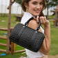 Women's Black Checkered Woven Vegan Leather Mini Satchel Crossbody Bag