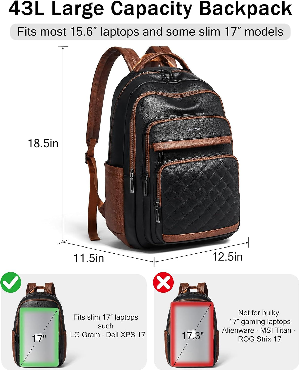 Women's Black and Brown Vegan Leather 43L Laptop Backpack for Work and Travel