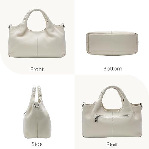 Women's Beige Genuine Cowhide Leather Satchel Handbag with Crossbody Strap