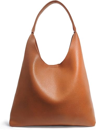 Women's Slouchy Coffee Vegan Leather Hobo Shoulder Bag with Magnetic Closure