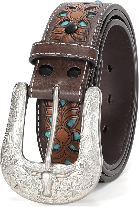 Women's Genuine Leather Tooled Western Belt – Interchangeable