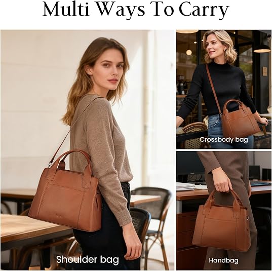 Women's Cognac Brown Genuine Pebble Leather Satchel Tote with Crossbody Strap