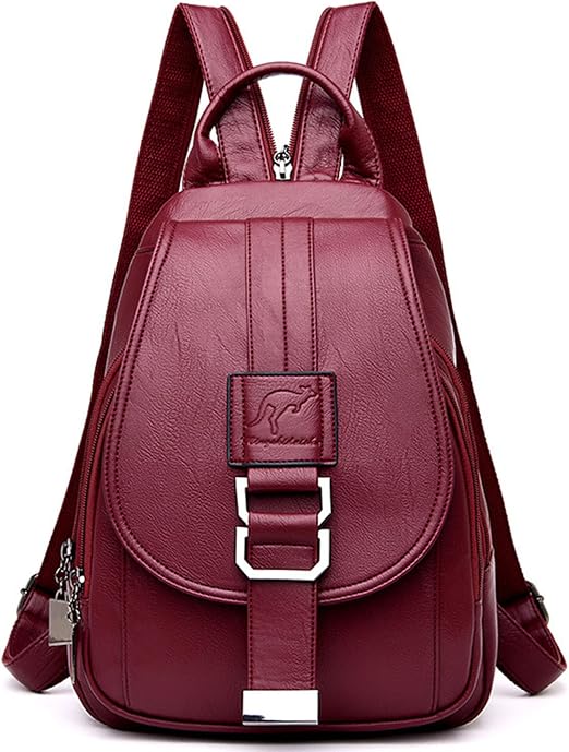 Women's Wine Red Soft Genuine Leather Mini Backpack Purse with Chain Detail