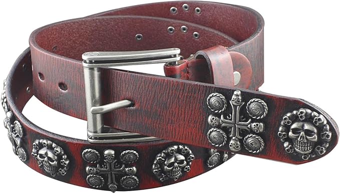 Men's Goth Skull Cross Genuine Leather Belt – Red