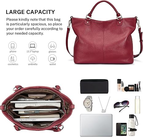 Women's Black Top Grain Pebbled Leather Tote Satchel for 13 Inch Laptops