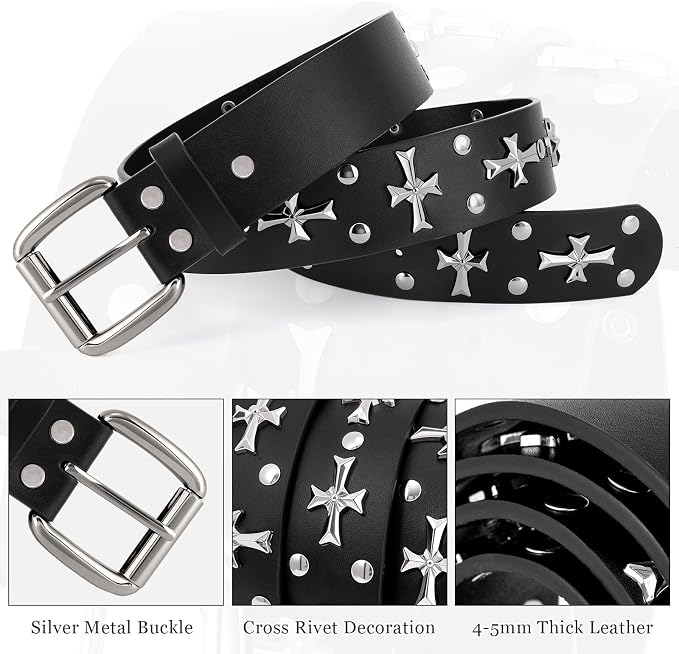 Unisex Studded Cross Goth Punk Belt – Gold/Silver