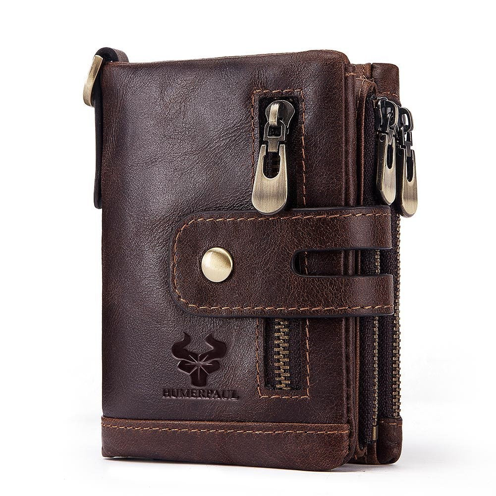 Men’s Bifold Genuine Leather Wallet with Double Zipper, RFID Blocking, Card Holder & Coin Pocket