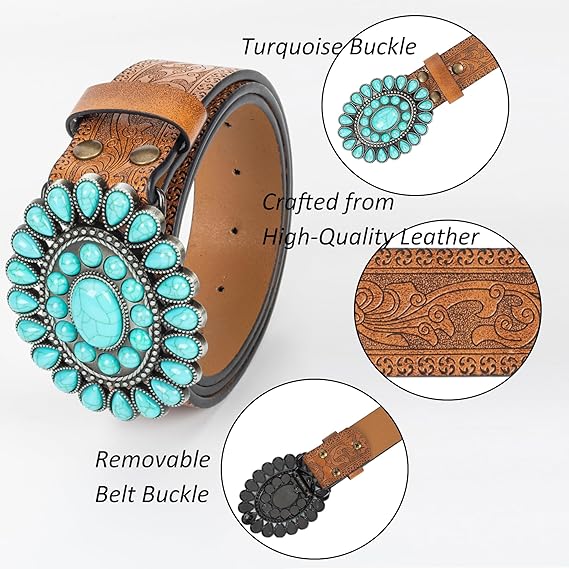Women's Turquoise Embossed Western Belt – Detachable