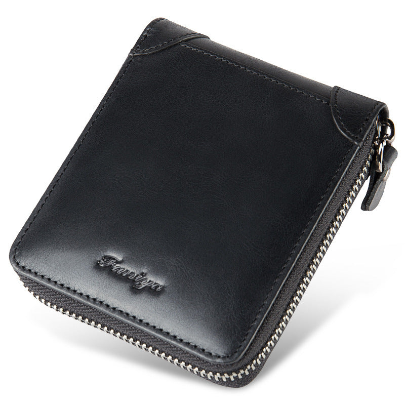 Men’s Short Leather Wallet – First Layer Cowhide, Zipper Design