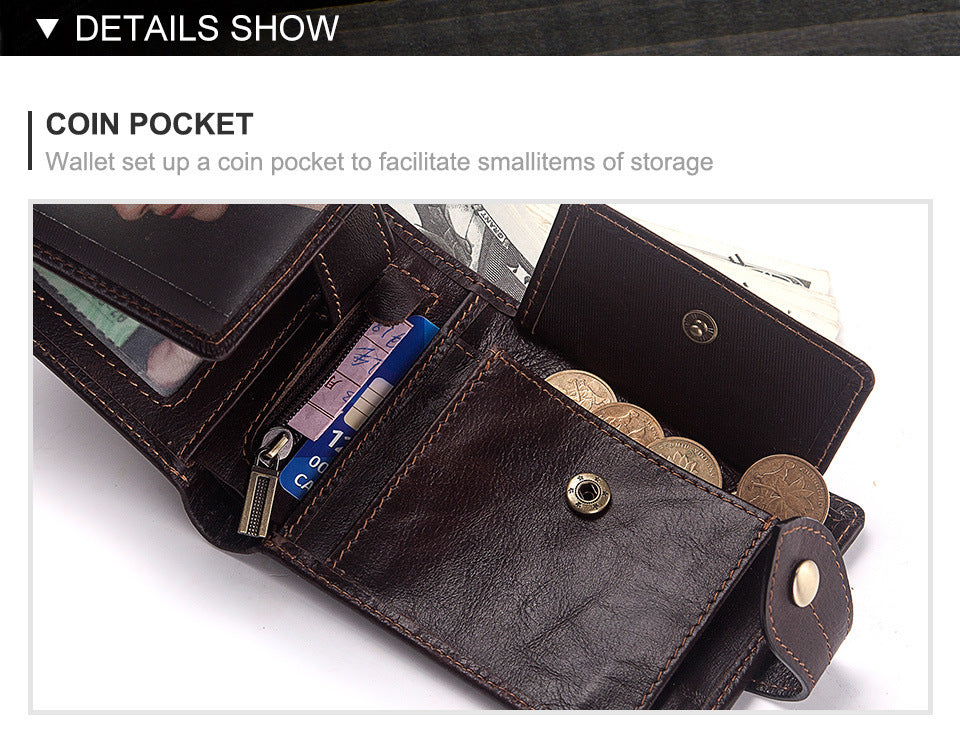 Men’s Multi-Card Real Cowhide Leather Anti-Magnetic Tri-Fold Wallet With Retro European And American Style