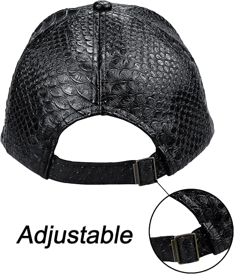 Black Snakeskin Pattern PU Leather Baseball Cap with Adjustable Buckle Strap | BeltNBuckles