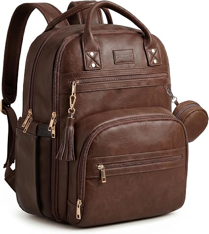 Brown Vegan Leather Backpack with 15.6 Inch Laptop Slot, Changing Pad and Stroller Straps