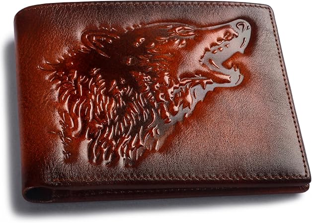 Embossed Wolf Bifold Leather Wallet with RFID Blocking