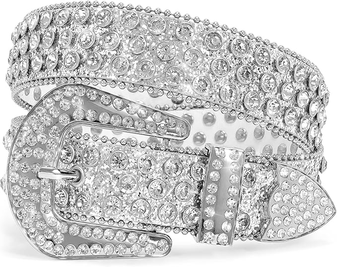 Unisex Rhinestone Studded Leather Belt – Silver Buckle