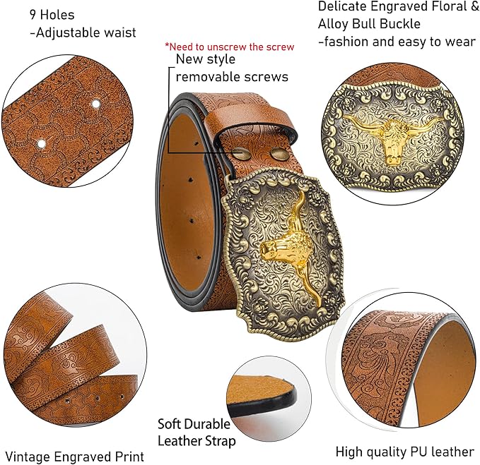 Women's Big Buckle Longhorn Bull Cowgirl Belt