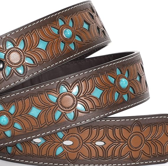 Women's Genuine Leather Tooled Western Belt – Interchangeable