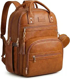 Brown Vegan Leather Backpack with 15.6 Inch Laptop Slot, Changing Pad and Stroller Straps