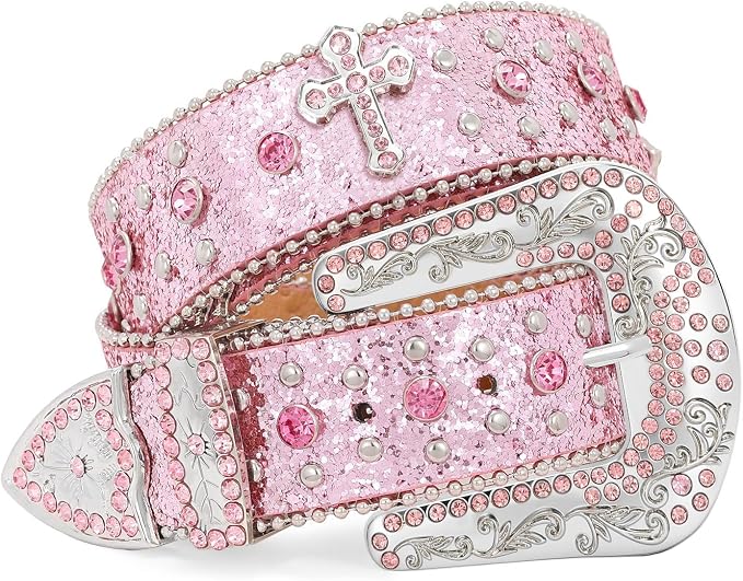 Unisex Rhinestone Crown & Cross Studded Belt