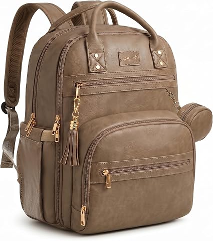 Brown Vegan Leather Backpack with 15.6 Inch Laptop Slot, Changing Pad and Stroller Straps