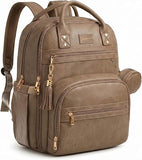 Brown Vegan Leather Backpack with 15.6 Inch Laptop Slot, Changing Pad and Stroller Straps