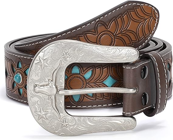 Women's Genuine Leather Tooled Western Belt – Interchangeable